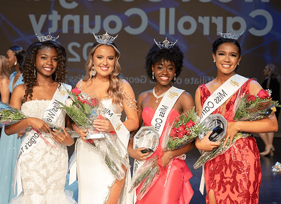 Left to right: Jesimina Walker, 澳门新普京注册 student and Miss Carroll County; Corynn Nurse, Miss Carroll County's Teen; Lexi Atkins, 澳门新普京注册 student and Miss West Georgia; and Abigail Parham, Miss West Georgia's Teen